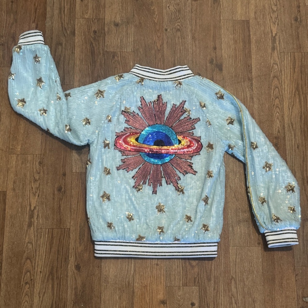 Lola + The Boys Fur Lined Sequin Galaxy Outer Space Star Jacket Zip Coat Girls 8